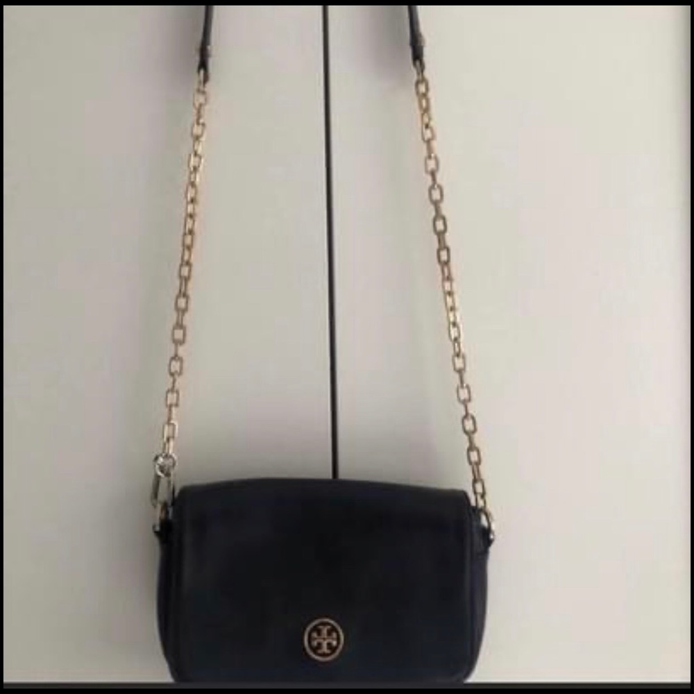 Black gold Tory Burch crossbody bag logo